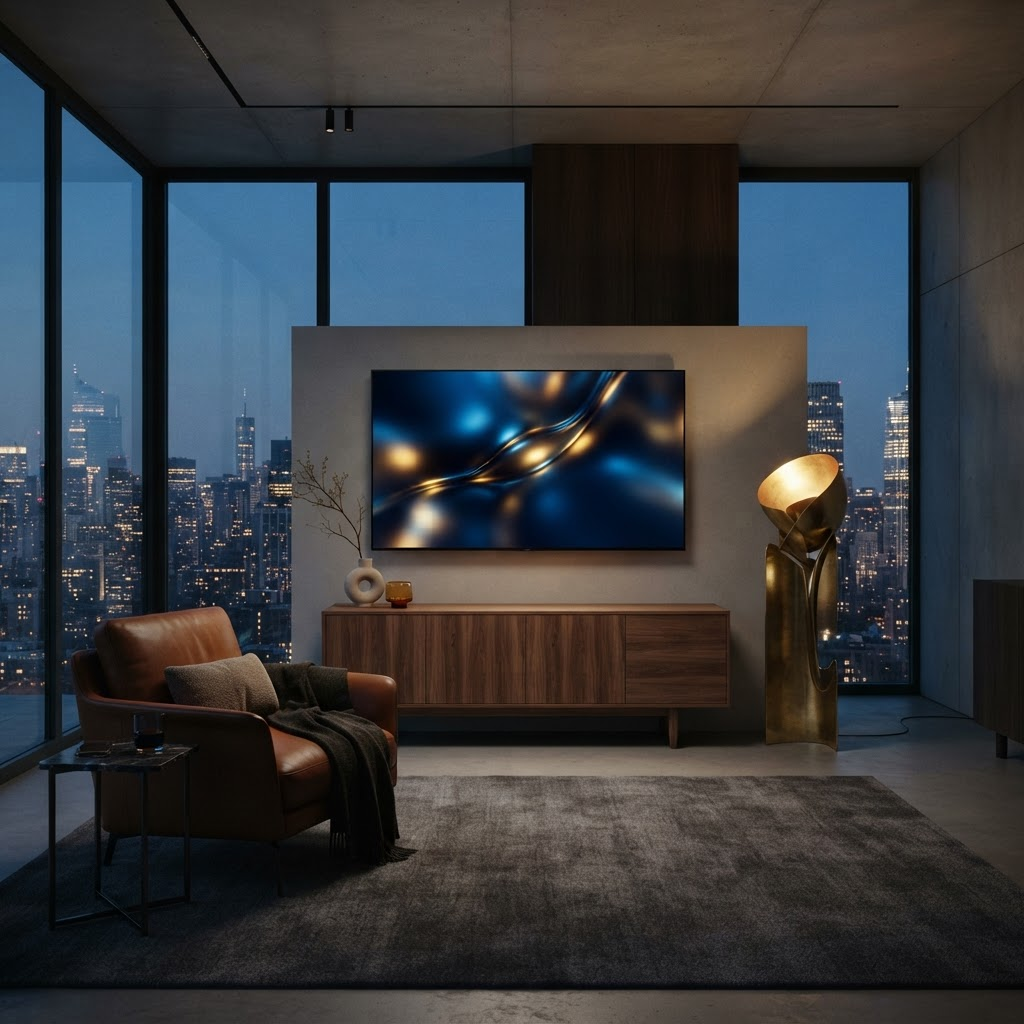 A large television glowing in a dim minimalist penthouse living room at dusk, illustrating Stillwater Media's guide to ACR data in CTV advertising for luxury brands.