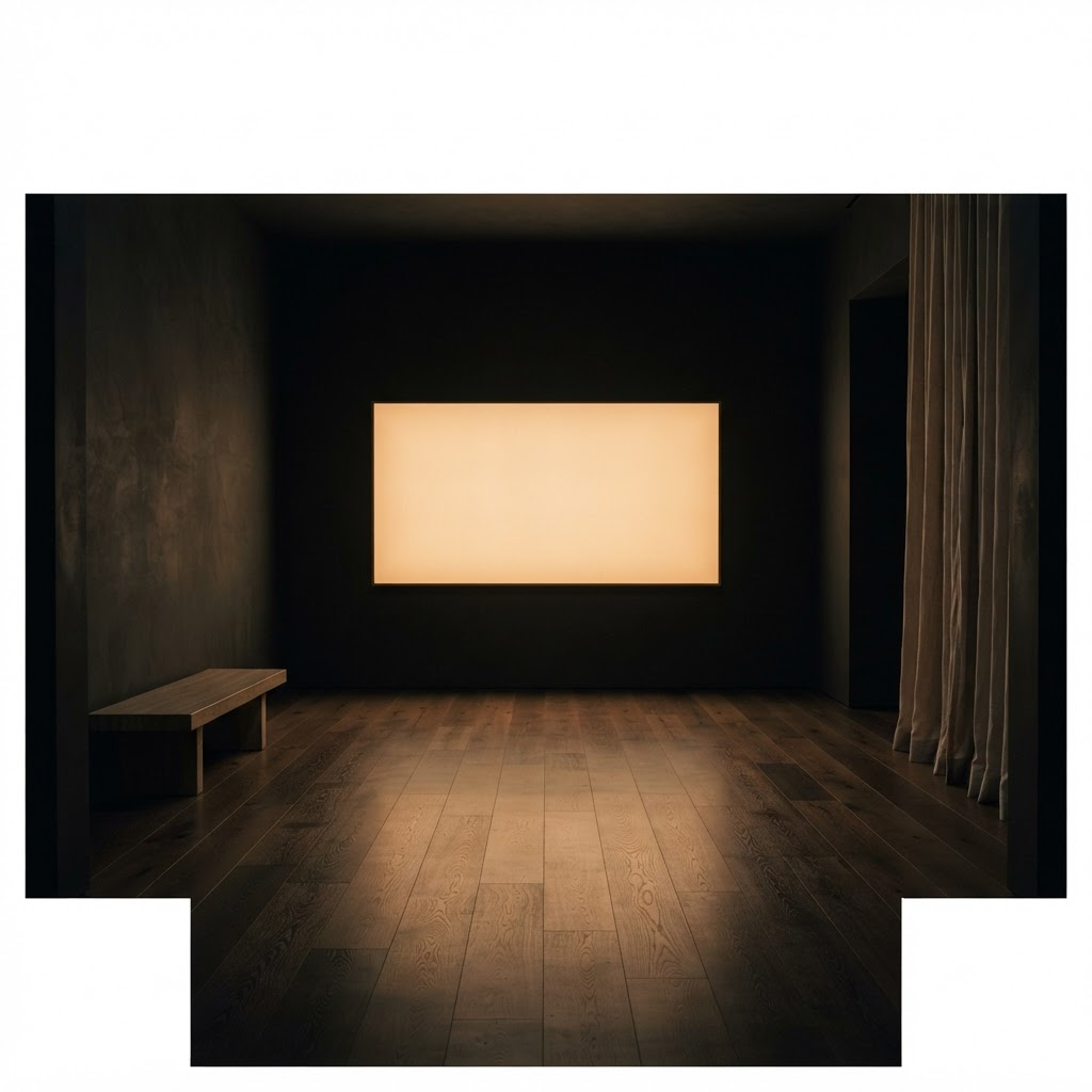 A single illuminated screen in a dark minimalist room drawing the eye, representing advertising attention metrics