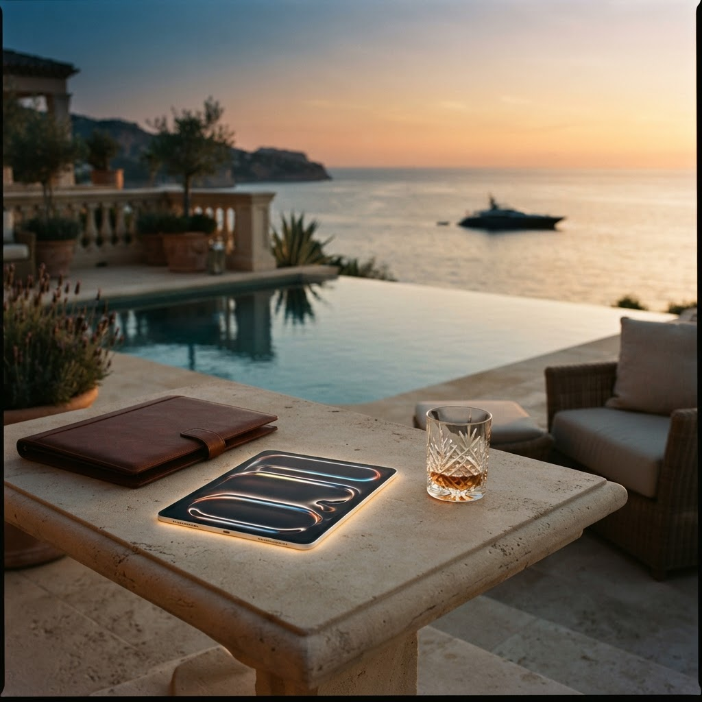Stillwater Media affluent consumer media buying illustration showing a refined coastal estate terrace at golden hour with a tablet depicting concentric audience segmentation rings representing wealth-based targeting for luxury brands