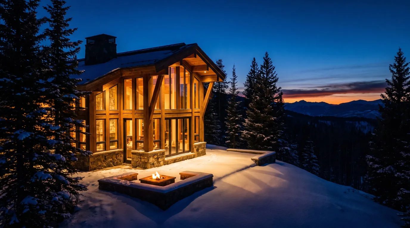 Stillwater Media moody image of a glowing mountain lodge at blue hour, illustrating an affluent customer acquisition agency