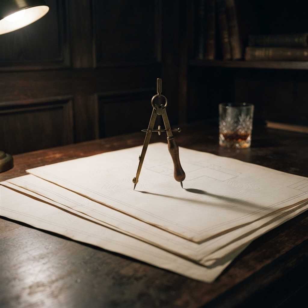 Stillwater Media guide illustration on affluent demographic advertising strategy showing an open brass drafting compass standing on fanned architectural plan sheets on a dark walnut desk