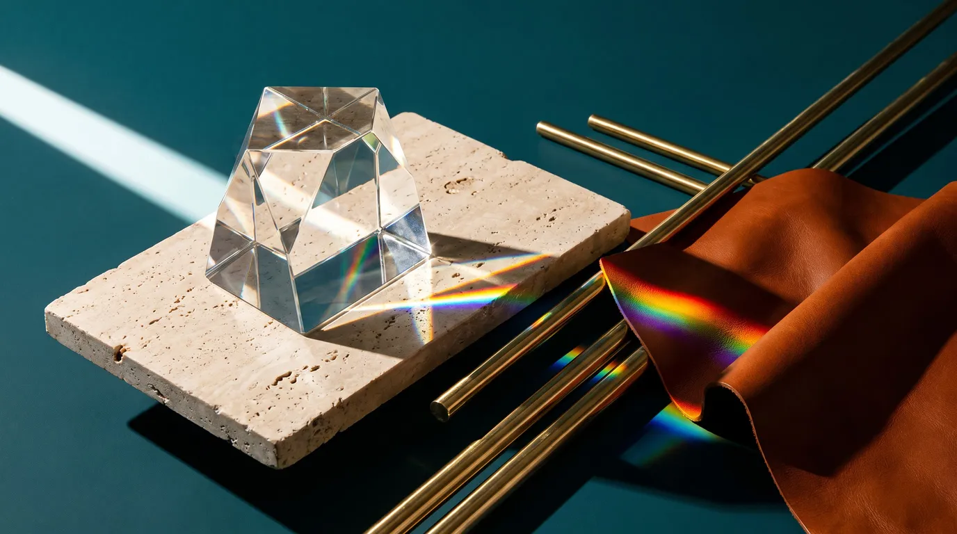Stillwater Media creative image of a glass prism splitting light across stone and brass, representing AI search visibility for luxury brands