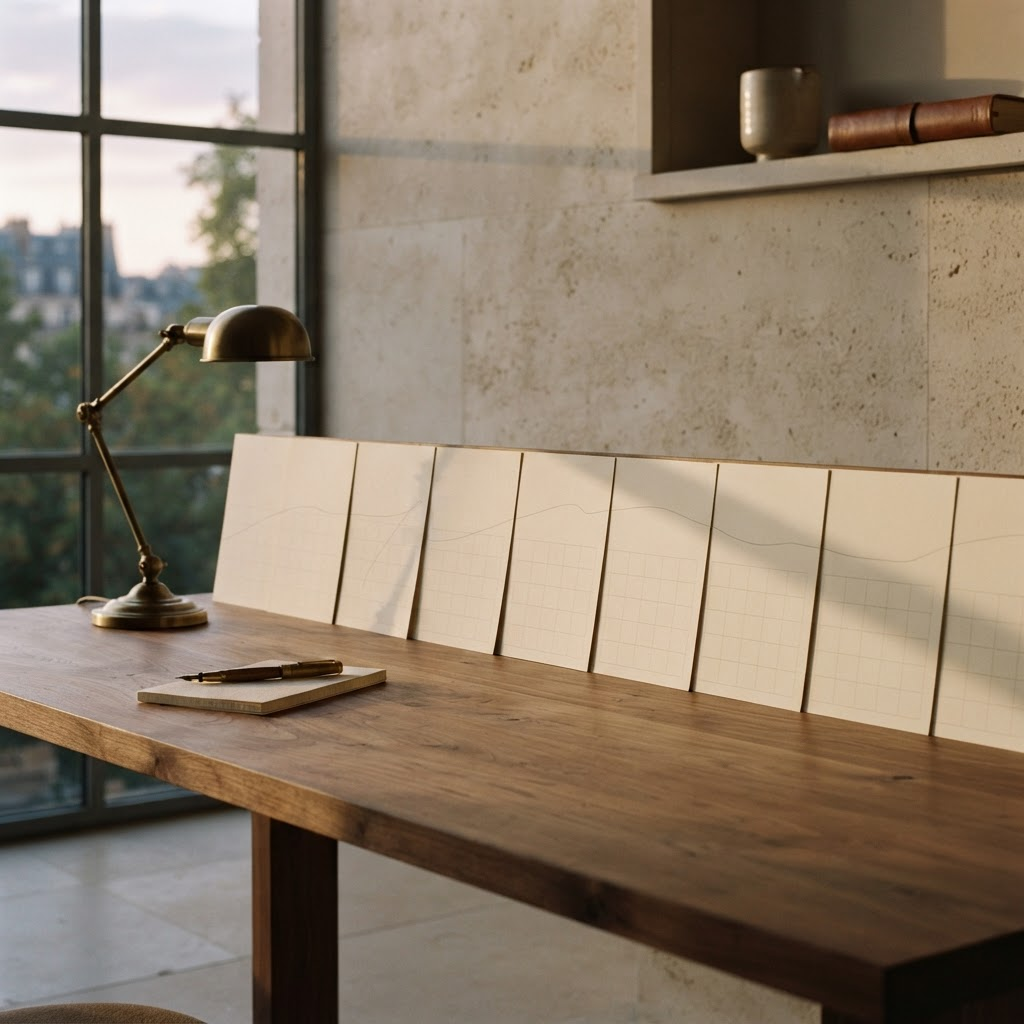 Blank monthly calendar pages laid across a walnut desk in a limestone study, illustrating Stillwater Media's guide to always-on vs flighted advertising for luxury brands.