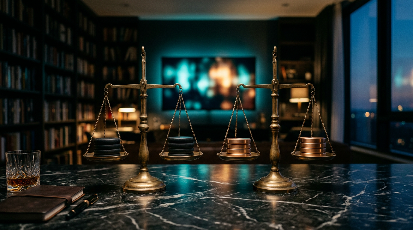 Stillwater Media cinematic image of two brass balance scales on a dark marble desk before a softly glowing television, representing Amazon DSP vs Viant for premium brands