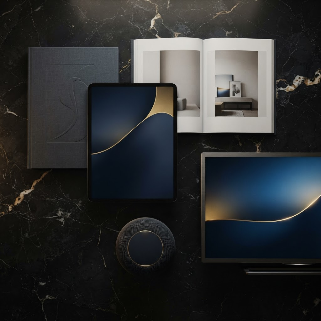 Stillwater Media visualization of the best advertising channels for luxury brands, showing premium screen formats in a refined private study environment