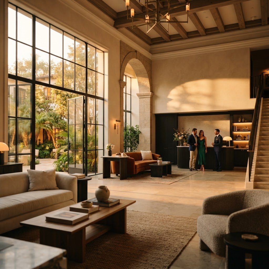 Boutique hotel lobby at golden hour — Stillwater Media boutique hotel advertising digital strategy for luxury hospitality brands