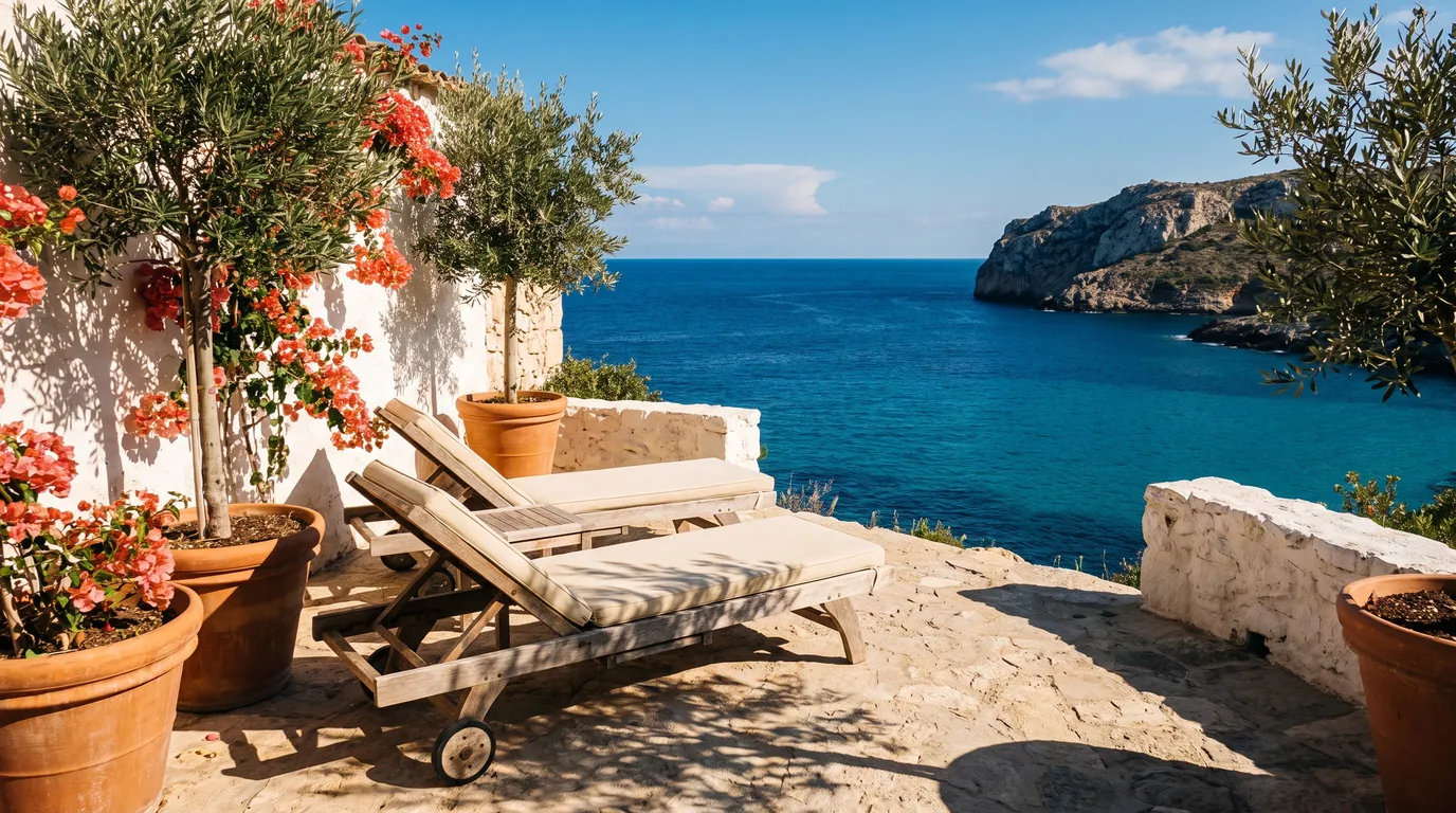Stillwater Media vibrant image of a sunlit cliffside terrace above a blue sea, illustrating boutique vs holding company media agency choices