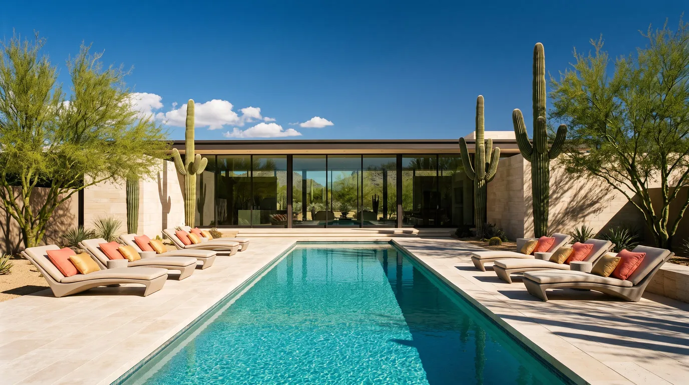 Stillwater Media vibrant image of a sunlit desert modernist home with a turquoise pool, illustrating how luxury brands buy Netflix ads programmatically