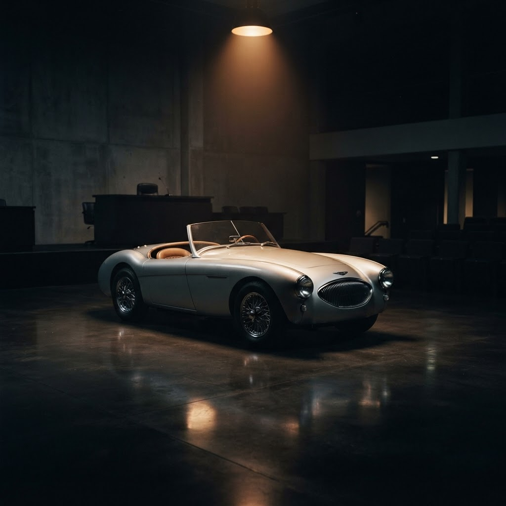 A vintage silver sports car under a single warm spotlight in a dark auction gallery.