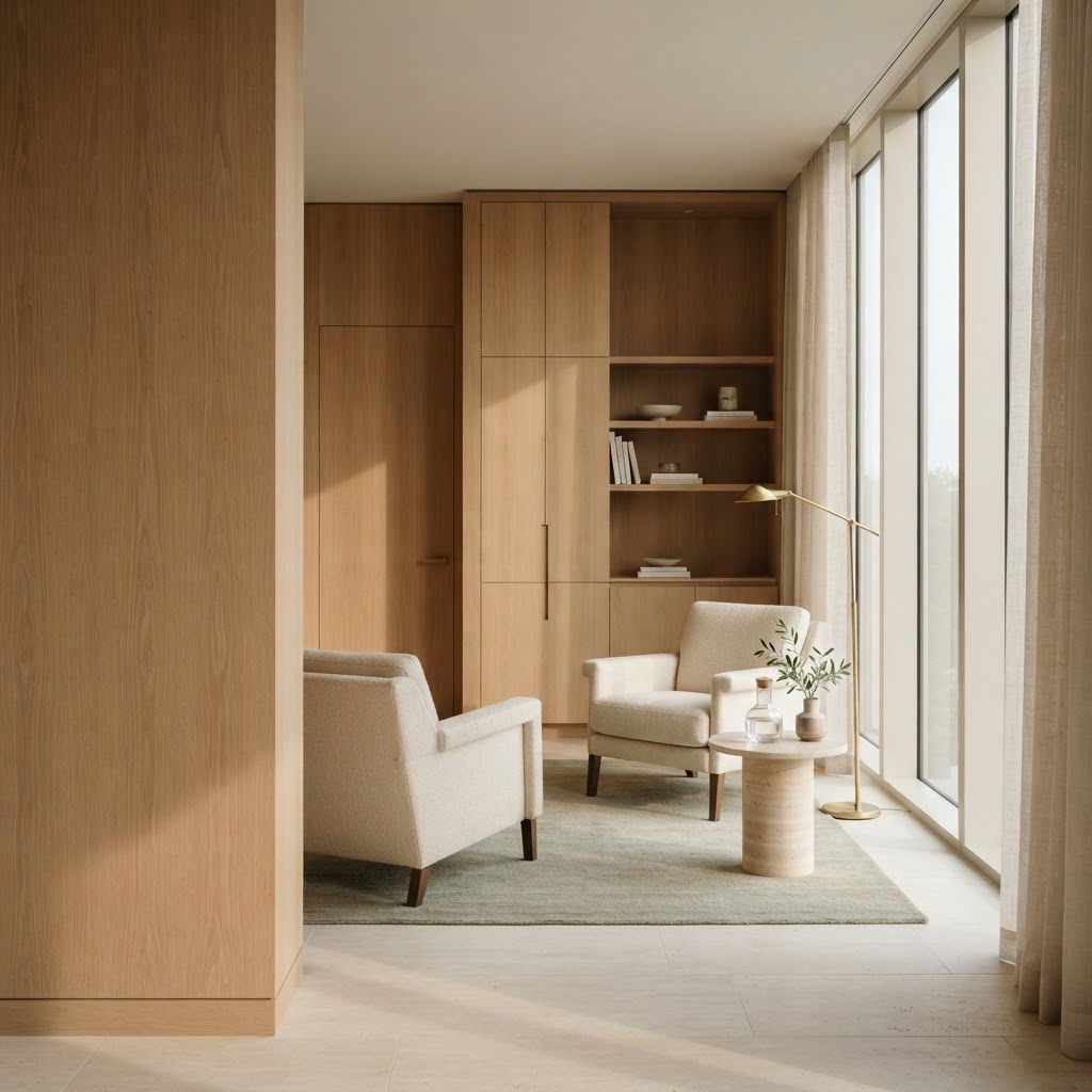 a serene private consultation suite in warm morning light, representing membership-model medical practices marketing to affluent patients.