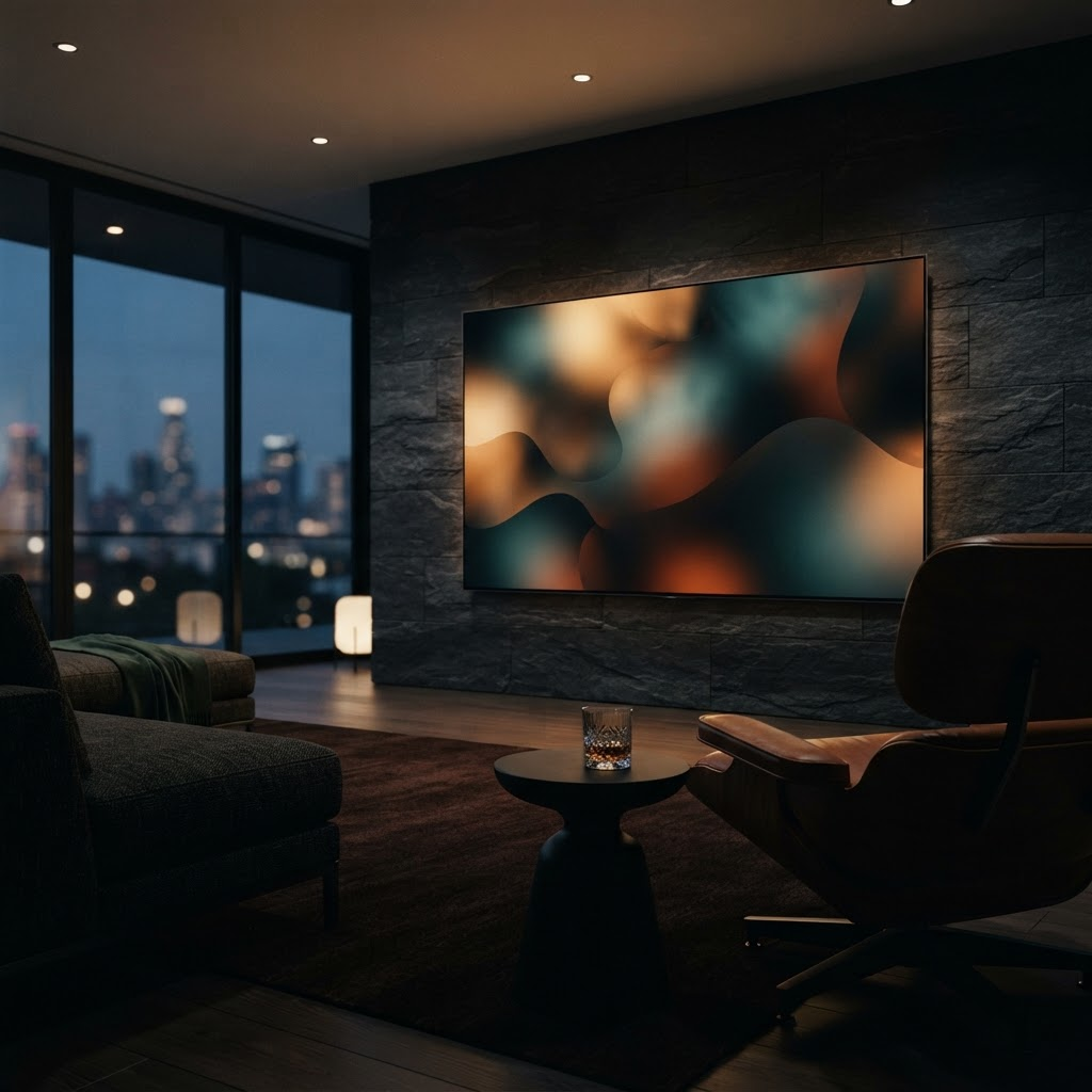 Stillwater Media connected TV advertising for luxury brands illustration showing a refined living room with a large cinematic screen glowing at dusk representing premium streaming reach into affluent households