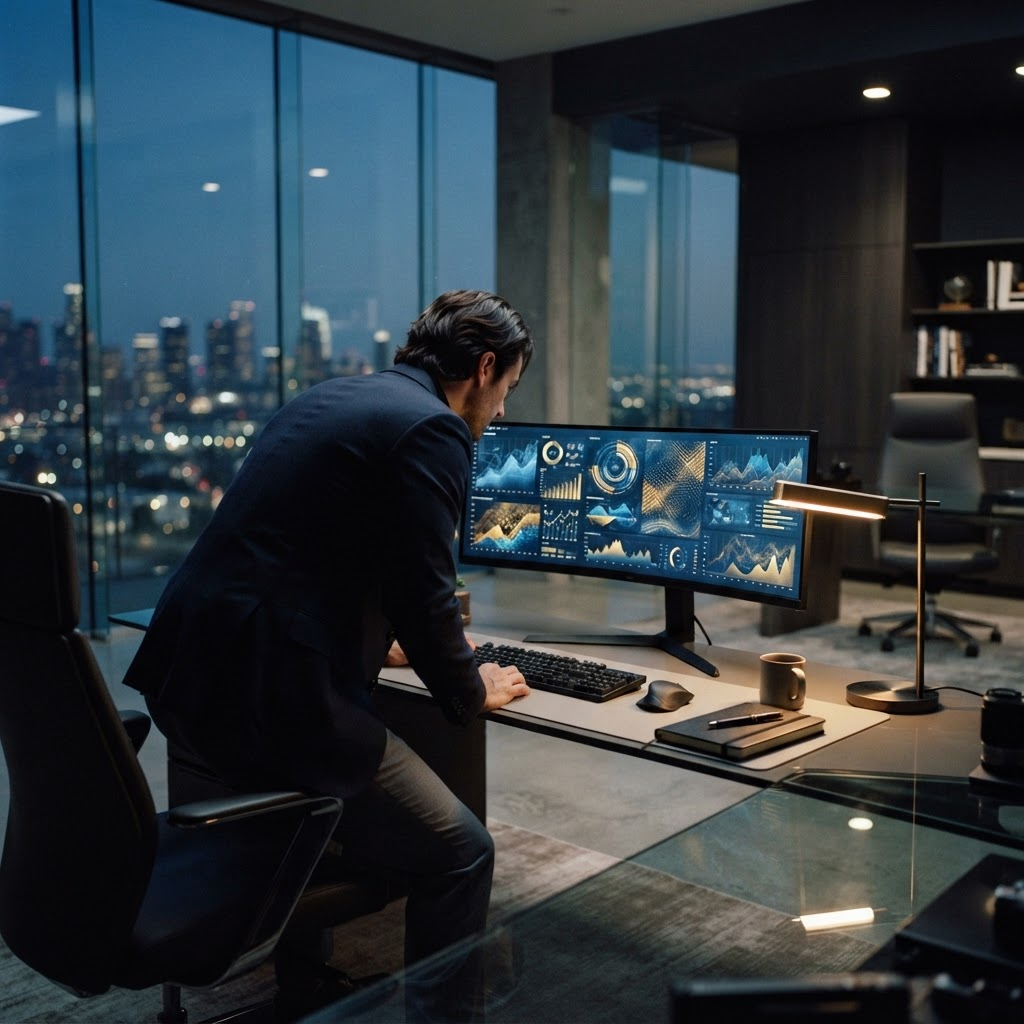 Luxury brand media strategist reviewing first-party data architecture for cookieless targeting on a premium workstation at Stillwater Media