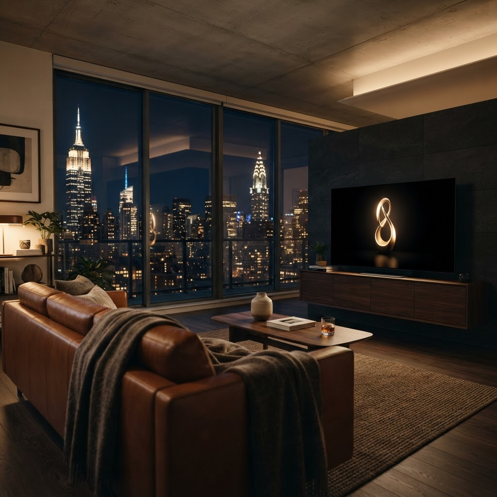 Stillwater Media luxury penthouse living room with premium OLED television displaying a CTV creative sequencing campaign at night