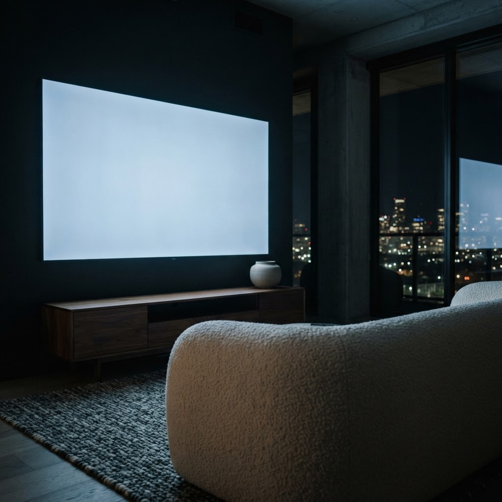 Stillwater Media illustration of CTV ad fraud prevention — a darkened luxury living room lit only by a large blank screen casting cool blue light