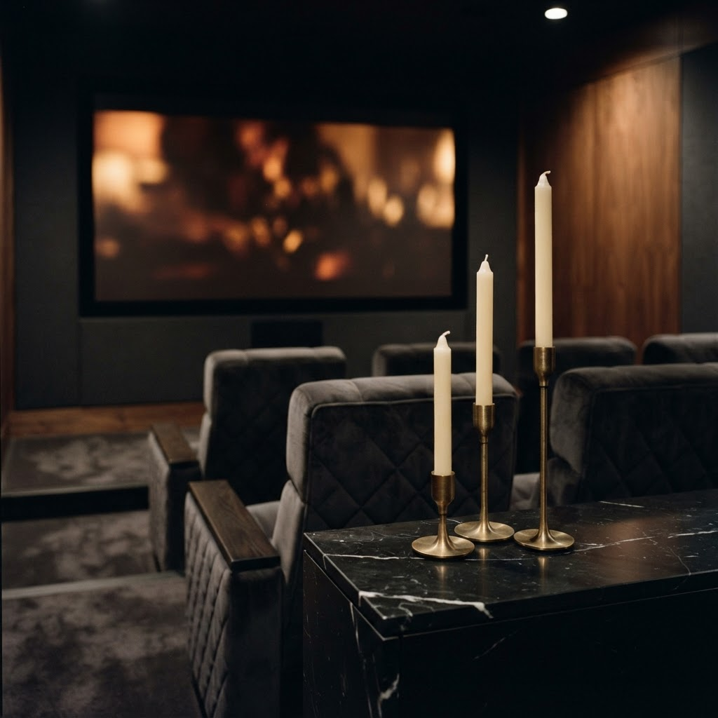 Three candles of different heights on a marble console in a private screening room, illustrating Stillwater Media's guide to CTV ad length and 15 versus 30 versus 60 second streaming ads for luxury brands.