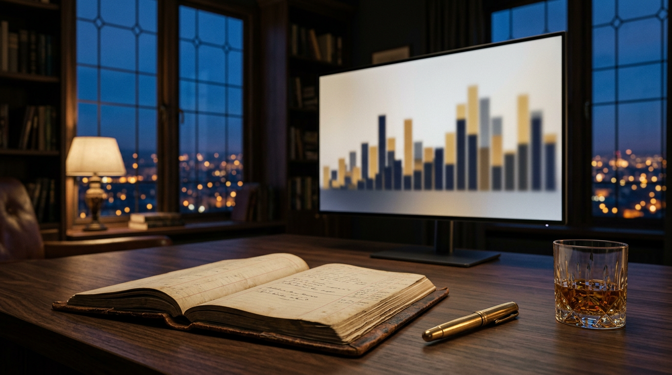 Stillwater Media cinematic image of a leather-bound ledger and fountain pen beside a lit screen, representing CTV advertising agency cost per month