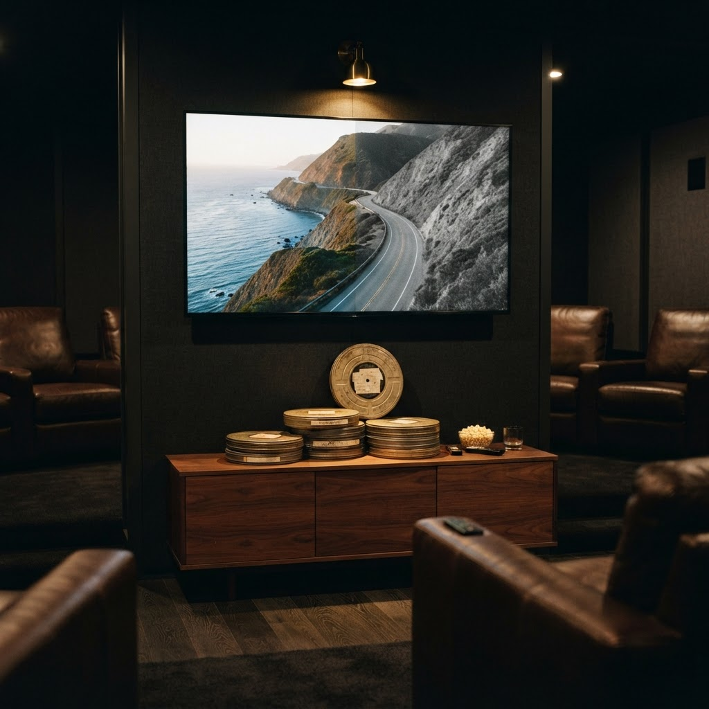 A luxury private screening room where a television image fades from color to grey beside a stack of film reels, illustrating Stillwater Media's guide to CTV creative wear-out and rotation benchmarks for luxury brands.