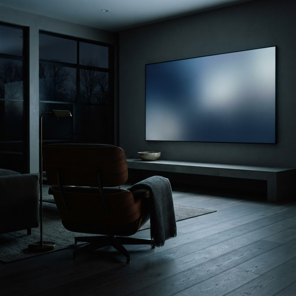 a darkened living room lit by a large screen, representing household-level deduplicated reach measurement across streaming platforms.
