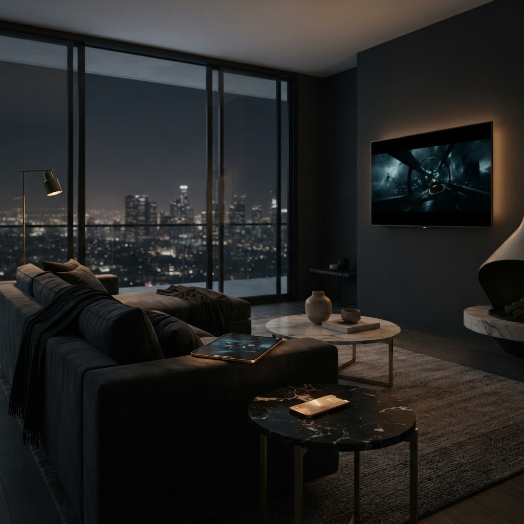A dim luxury living room at night with a television, tablet and phone glowing with the same warm light.