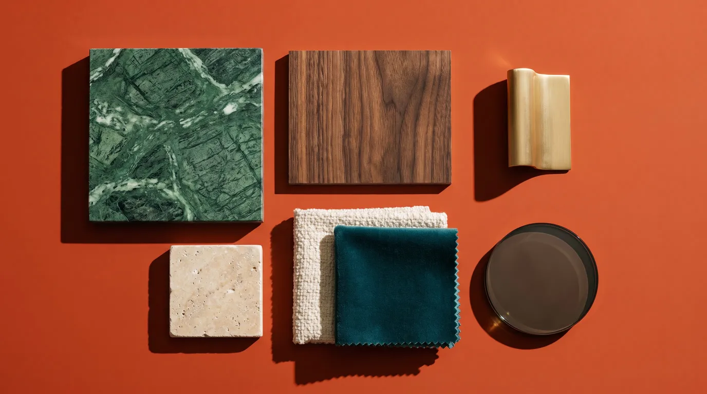 Stillwater Media creative flat-lay of marble, walnut, brass and velvet samples, illustrating CTV advertising for showroom visits by luxury home brands
