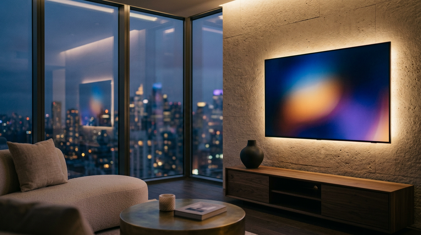 A minimalist luxury living room at dusk with a large connected TV displaying abstract cinematic light, representing a high-AOV brand's first CTV advertising test