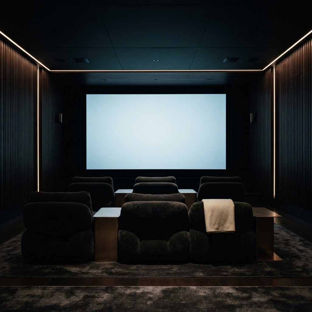 Stillwater Media analysis of CTV upfront vs programmatic buying - an empty private screening room lit only by a blank projection screen, representing the premium streaming inventory decision facing luxury advertisers.