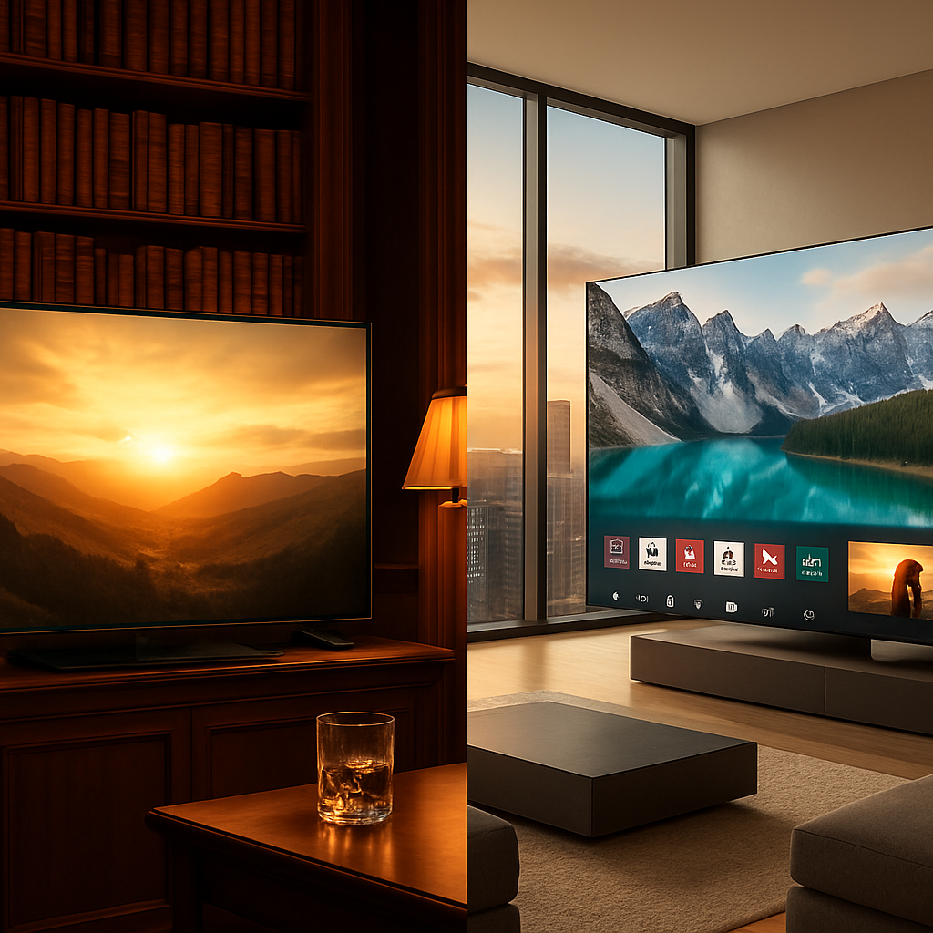 Split-screen visual of connected TV streaming interface versus traditional broadcast television