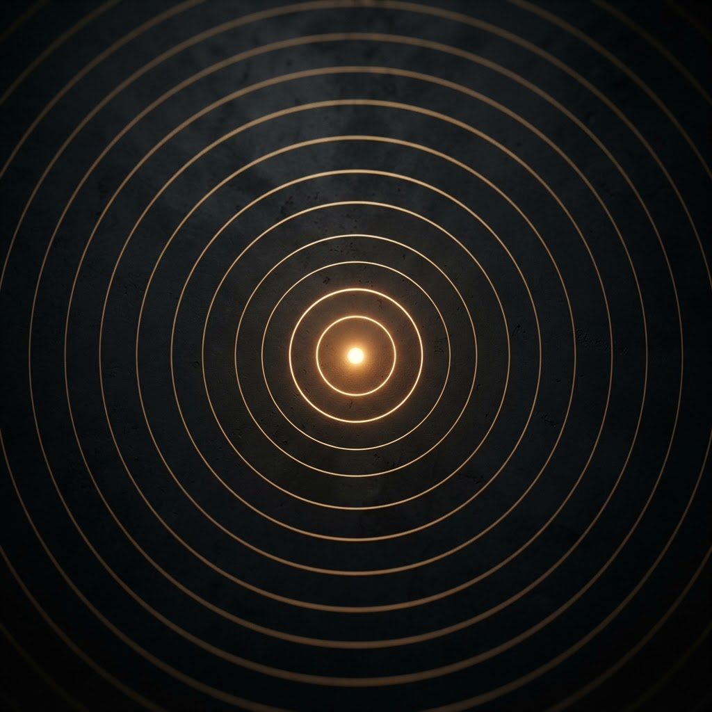 Concentric gold rings radiating from a point of light on a dark background, representing customer lifetime value media planning for luxury brands.