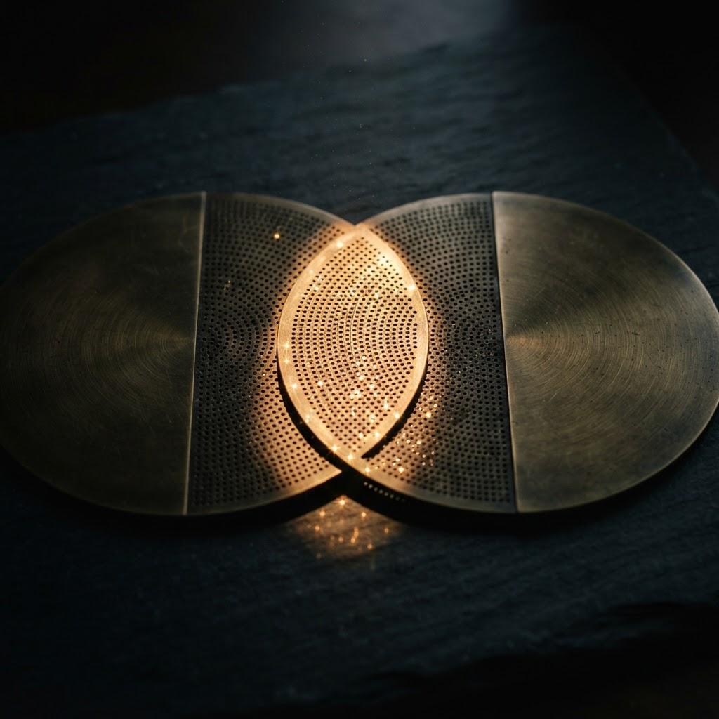 Stillwater Media guide illustration on data clean rooms for advertising showing two unmarked perforated brass plates overlapping to project a single lens of light onto dark slate