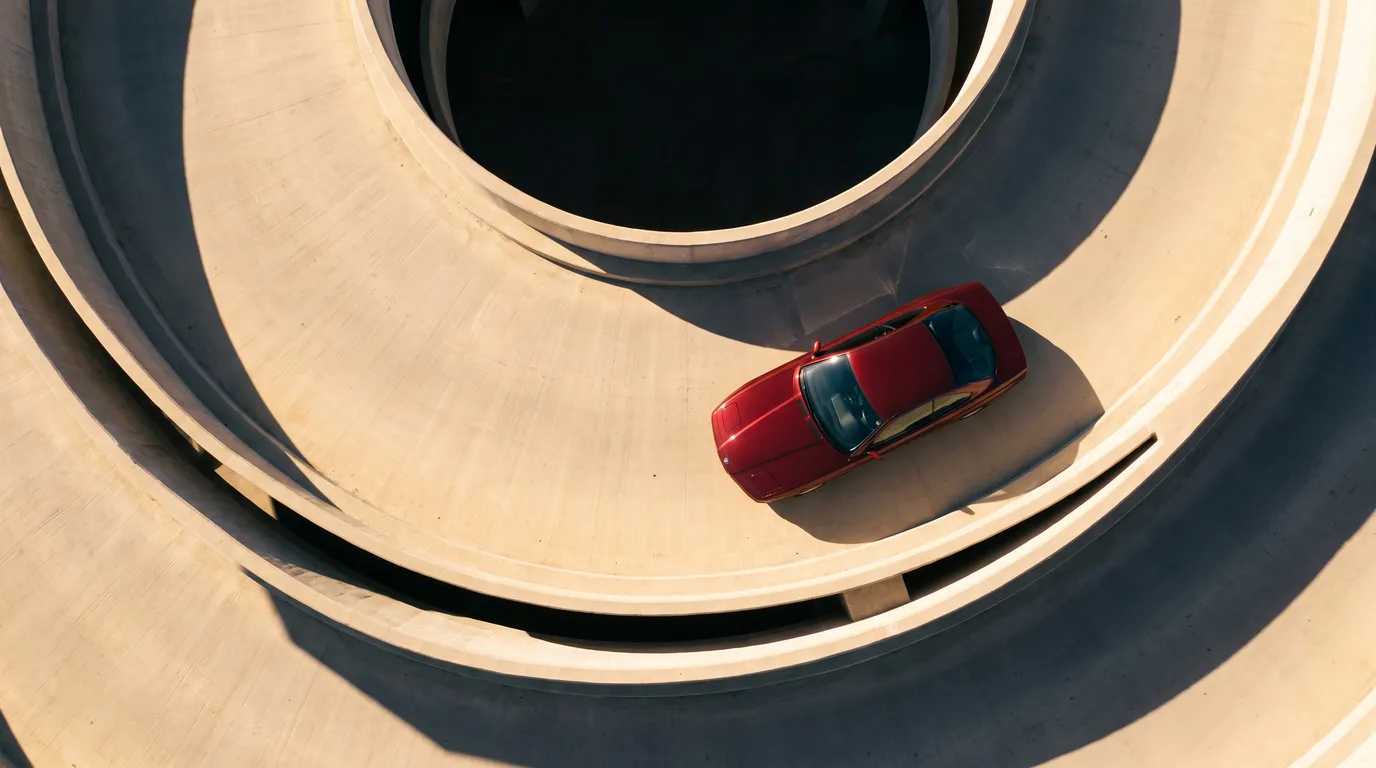 Stillwater Media creative aerial image of a red grand tourer on a spiral parking ramp, illustrating dealer CTV packages vs programmatic for luxury auto