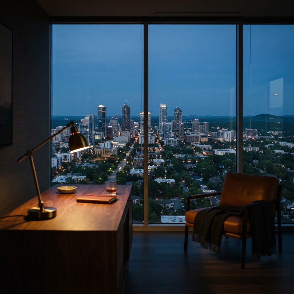 Stillwater Media guide illustration on choosing a digital marketing agency for luxury brands in the Southeast showing a refined Southern skyline at blue hour framed by an elegant high-floor office interior