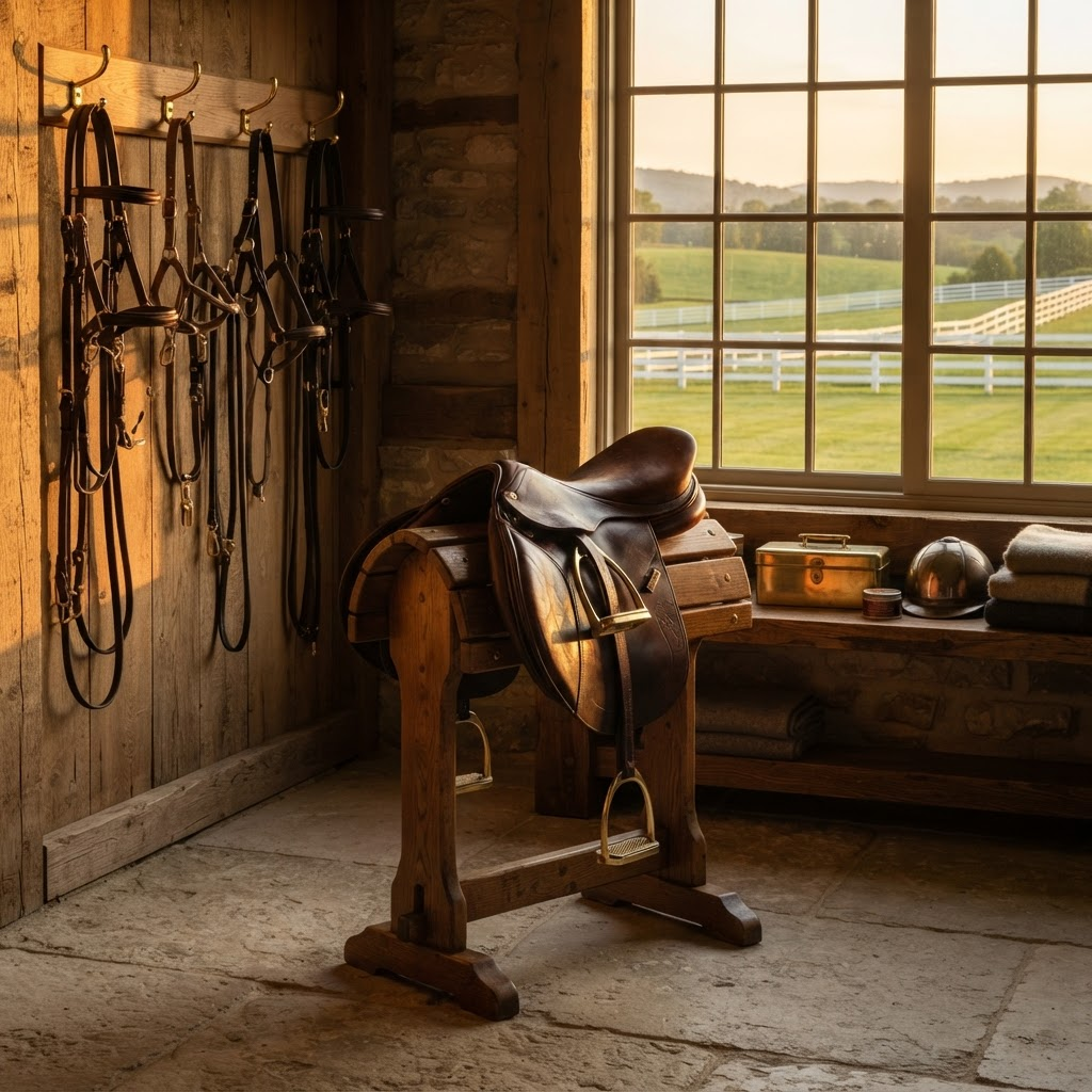 A polished leather saddle on a stand in a private estate tack room at golden hour, illustrating Stillwater Media's guide to equestrian advertising and reaching affluent horse owners and polo audiences for luxury brands.