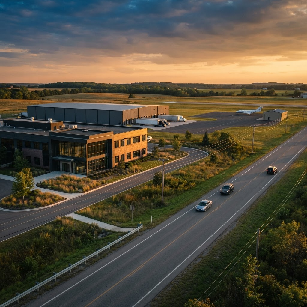 An unmarked industrial headquarters at golden hour with a private jet on a distant airfield, illustrating Stillwater Media's analysis of everywhere millionaires and how luxury brands can reach private business owners.