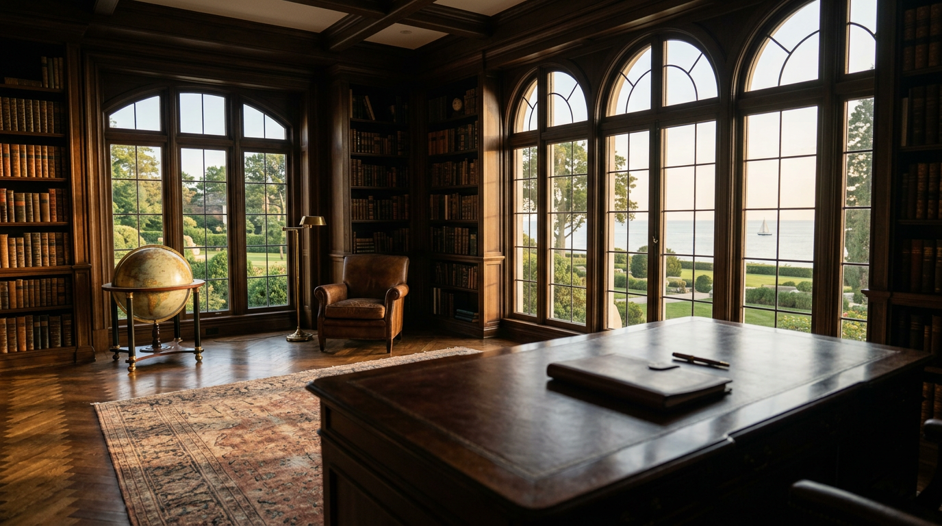 A private study with leather-bound books and a view of a coastal estate, representing precision advertising to family office principals and their advisors