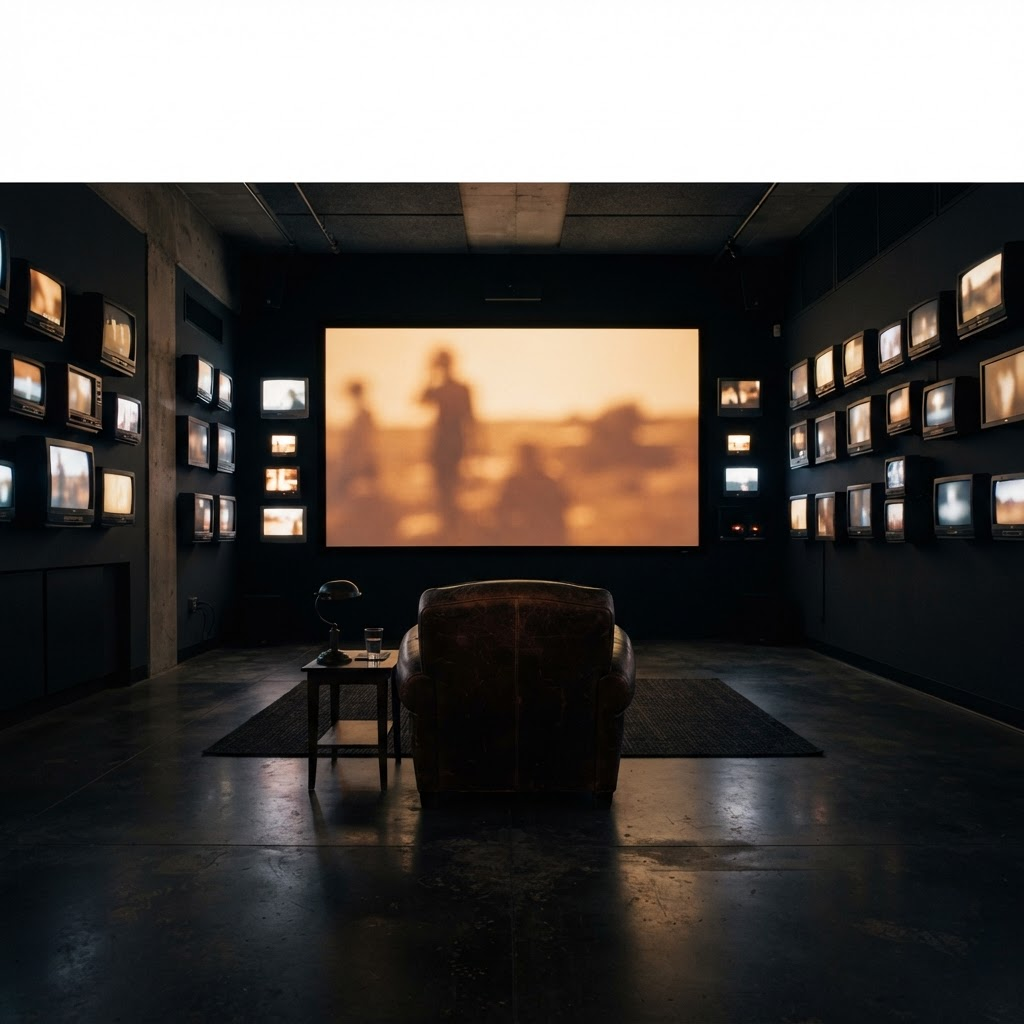A wall of small glowing television screens with one large warm cinematic screen at the center, illustrating Stillwater Media's guide to FAST channels for luxury brands and how to curate premium CTV inventory on Tubi, Pluto TV and The Roku Channel.