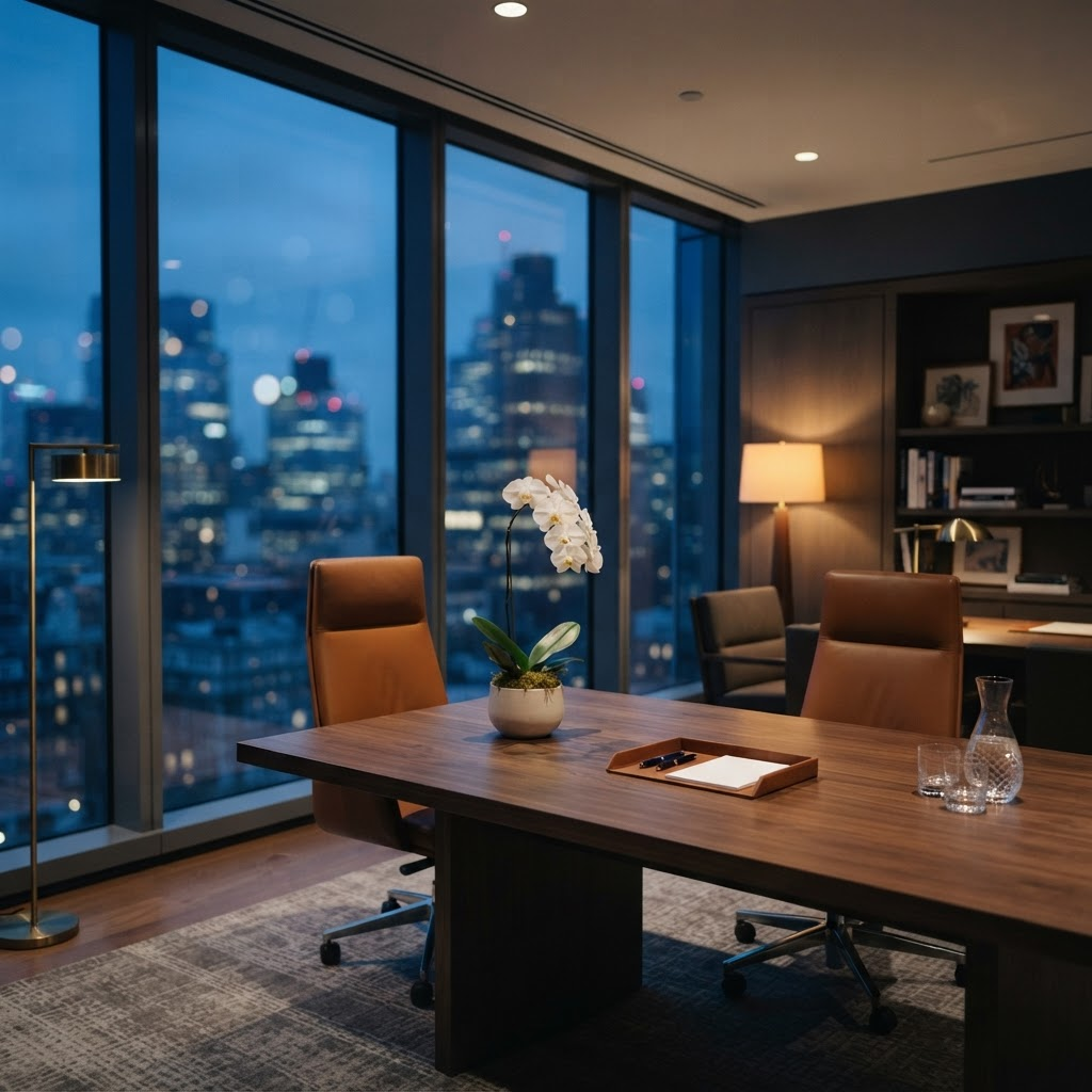 Stillwater Media guide illustration on financial advisor advertising with programmatic media showing a refined, empty wealth-advisory office at dusk overlooking a financial district representing affluent prospect targeting for RIAs and advisory firms