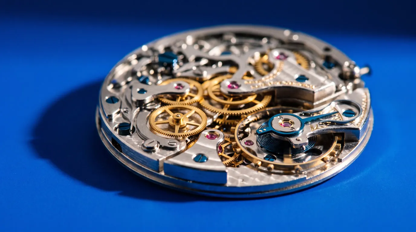 Stillwater Media creative macro photograph of a gold watch movement on a cobalt backdrop, illustrating the first 90 days with a new programmatic agency