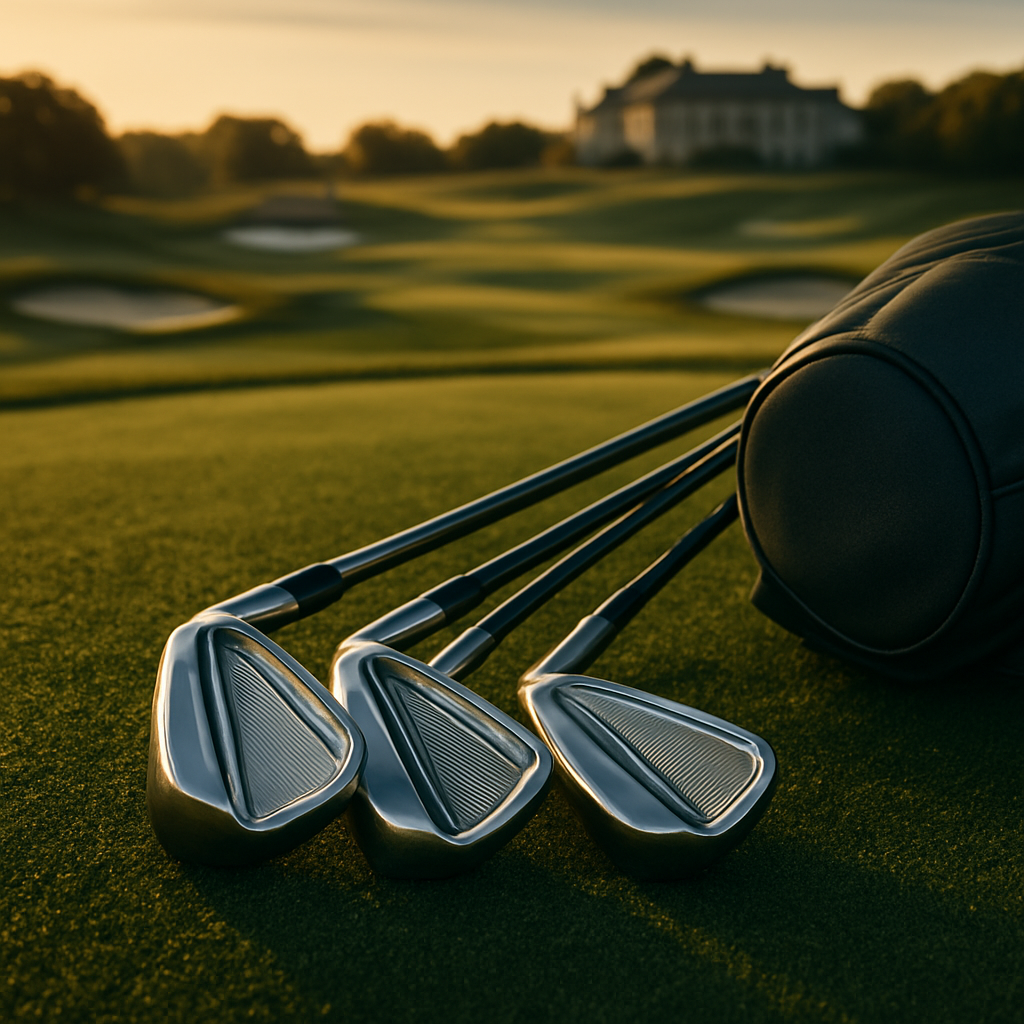 Stillwater Media premium golf equipment campaign image — luxury golf clubs and bag on a private club fairway at golden hour, for affluent golfer advertising strategy