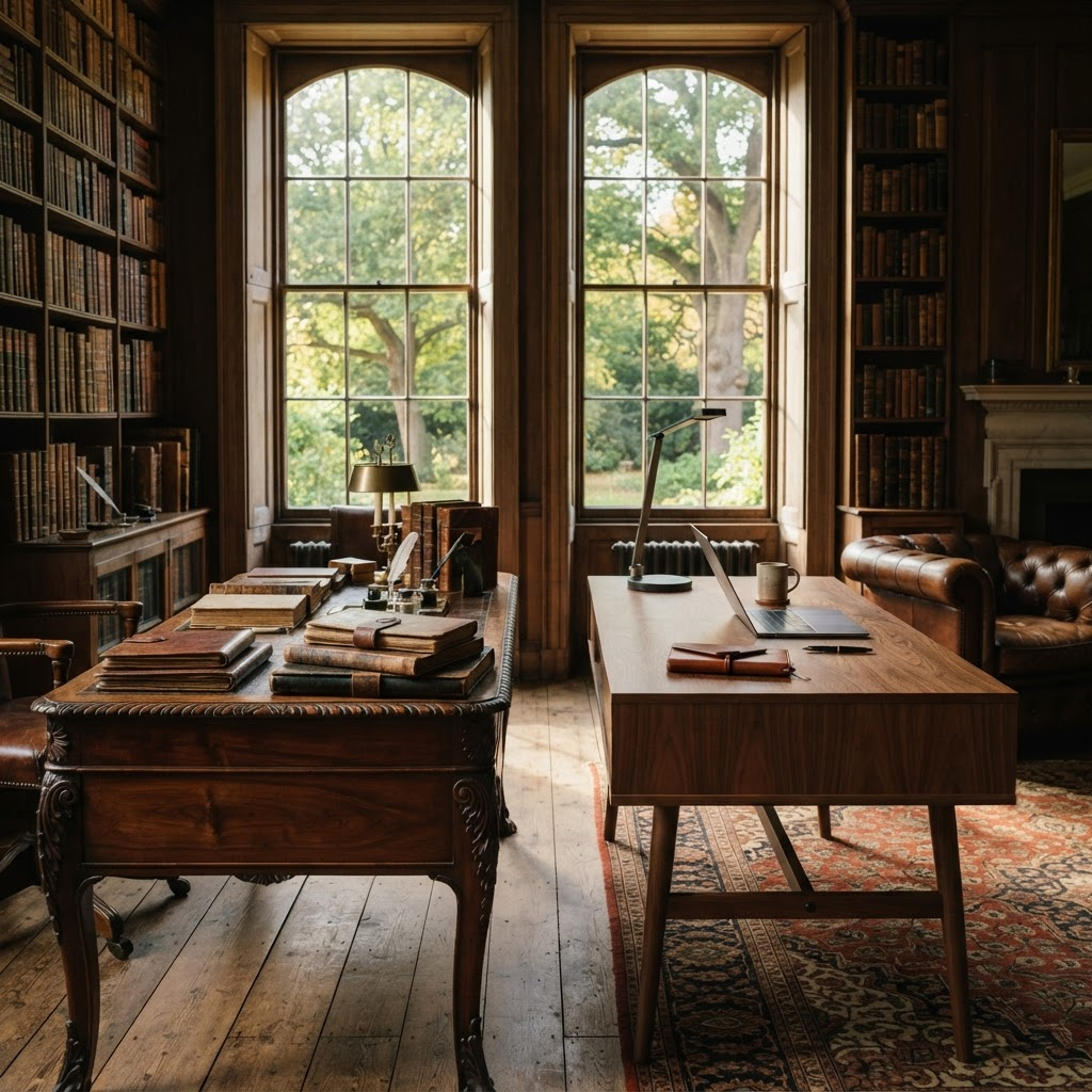 A sunlit study in a historic family home with a modern walnut desk placed beside an antique partners' desk, illustrating Stillwater Media's guide to great wealth transfer advertising and reaching next-generation inheritors.