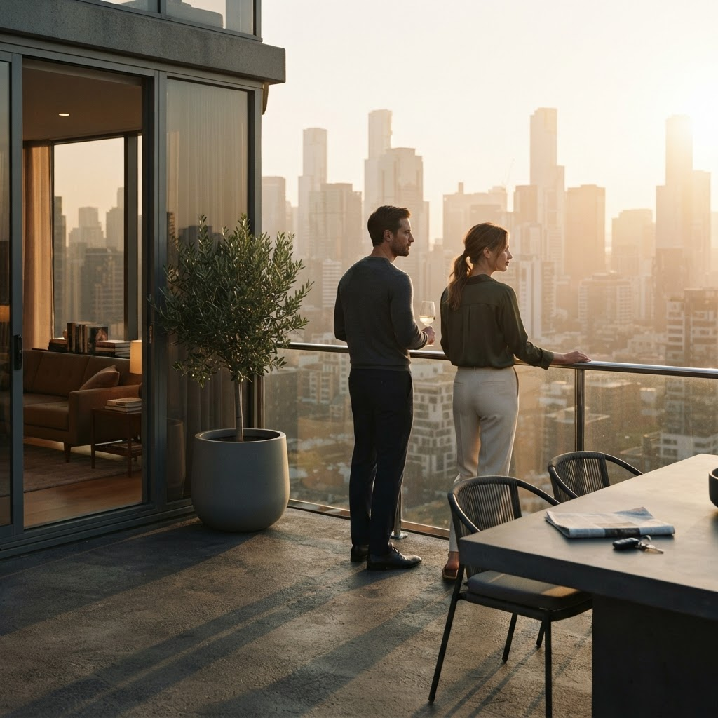 A young professional couple on a modern city apartment terrace at golden hour with a skyline behind them