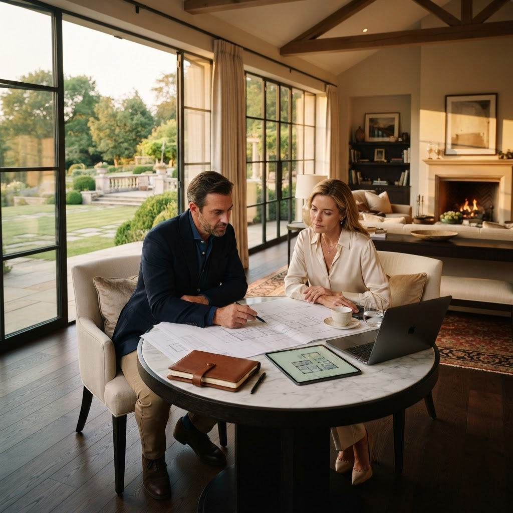 Stillwater Media visual guide to high-consideration brand advertising — affluent couple reviewing purchase decision in luxury home setting