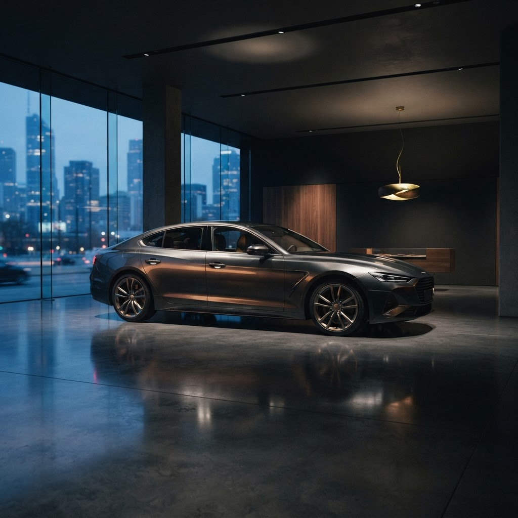 Stillwater Media guide illustration on high-end car dealership programmatic advertising showing a single luxury car in a refined, empty showroom at blue hour representing affluent buyer targeting for premium dealers