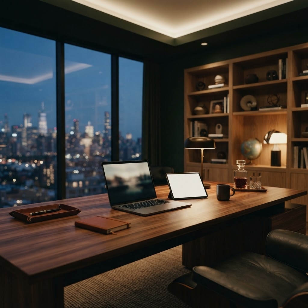 Stillwater Media high-net-worth consumer advertising illustration showing a refined home office with premium screens glowing at dusk representing affluent audiences engaging premium media