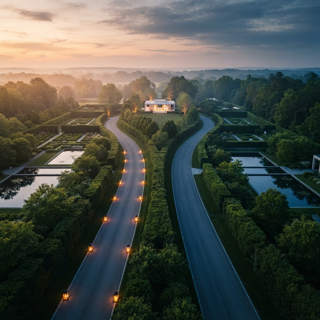 Stillwater Media holdout testing advertising concept — two diverging estate roads representing test and control groups in incrementality measurement