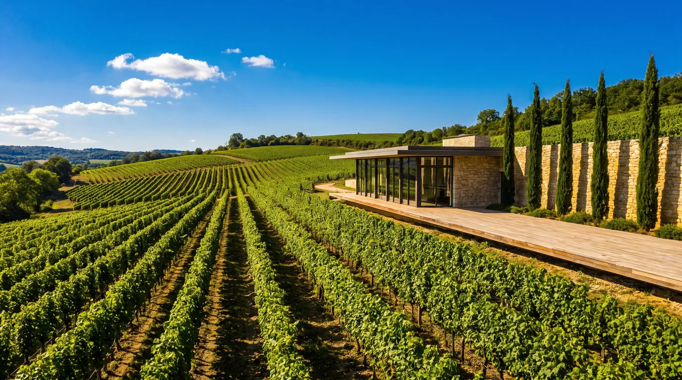 Stillwater Media vibrant daylight photograph of a sunlit vineyard estate and winery pavilion for the guide How Much Does a Programmatic Agency Charge