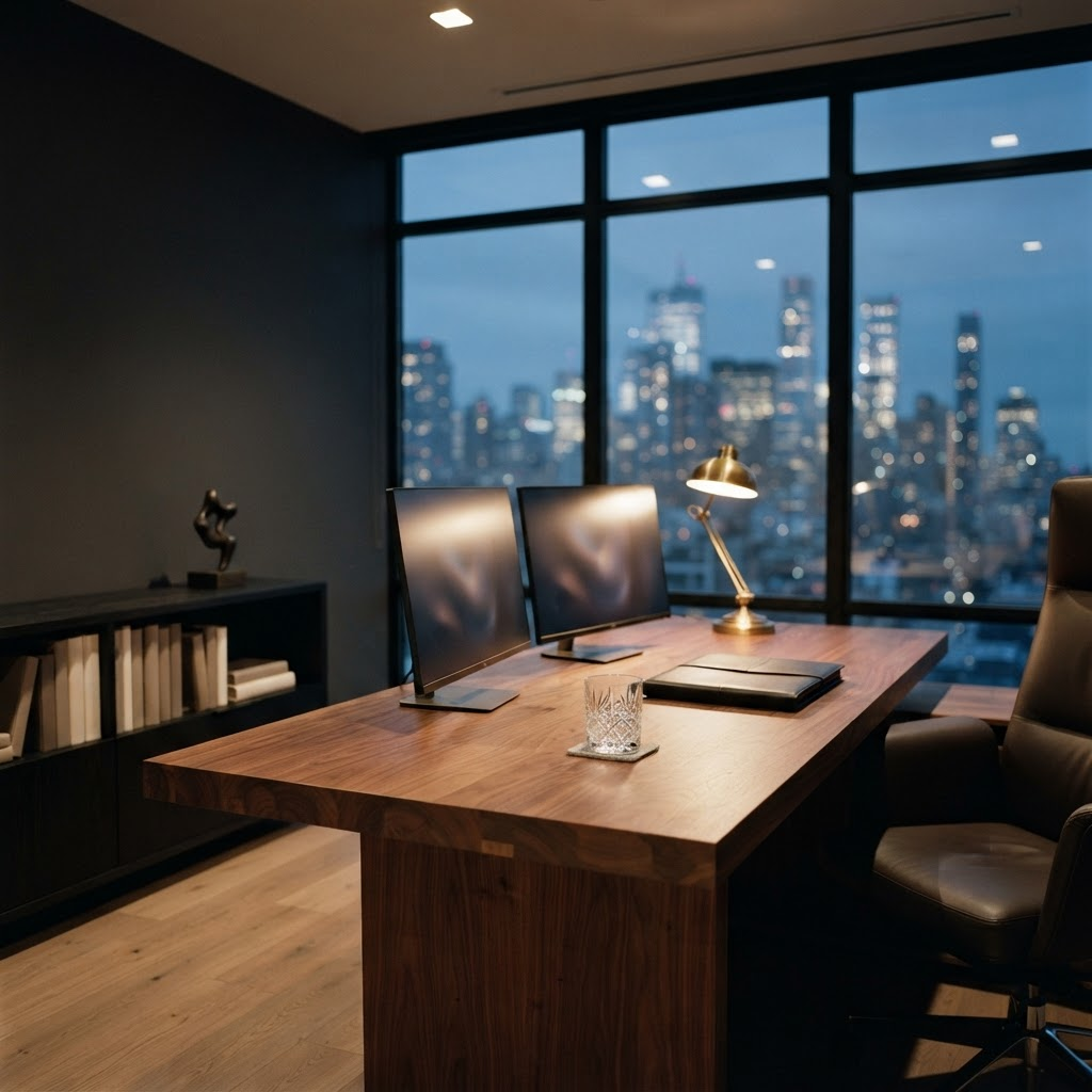 a quiet executive office at dusk with a walnut desk and city view, representing the media operating-model decision.