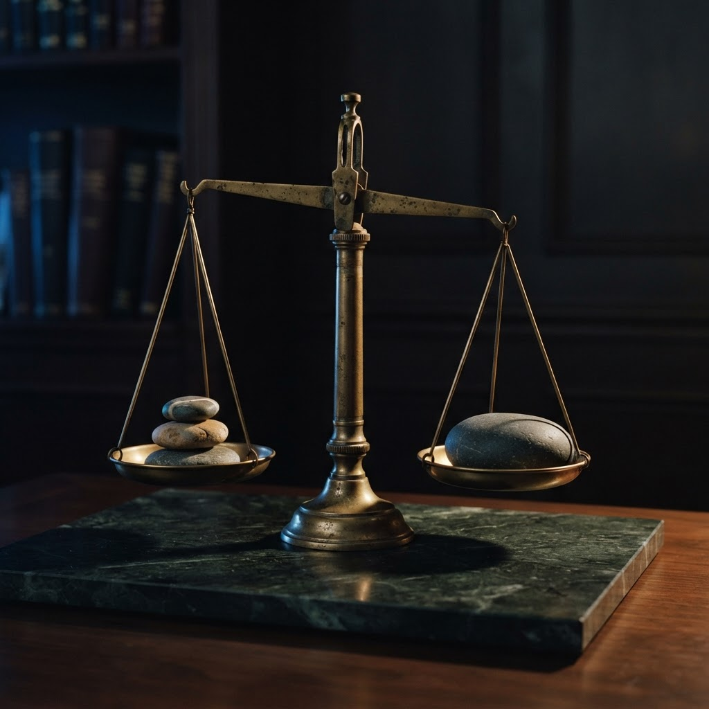 Stillwater Media guide illustration on incrementality vs attribution advertising showing an antique brass balance scale tipped unevenly on dark marble under warm directional lamplight