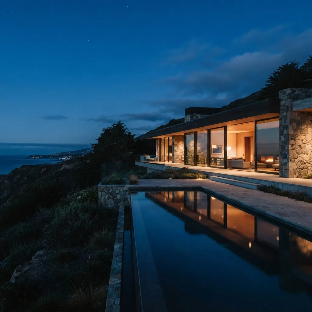 A modern hillside residence at blue hour with warm interior light glowing through large windows above a still reflecting pool
