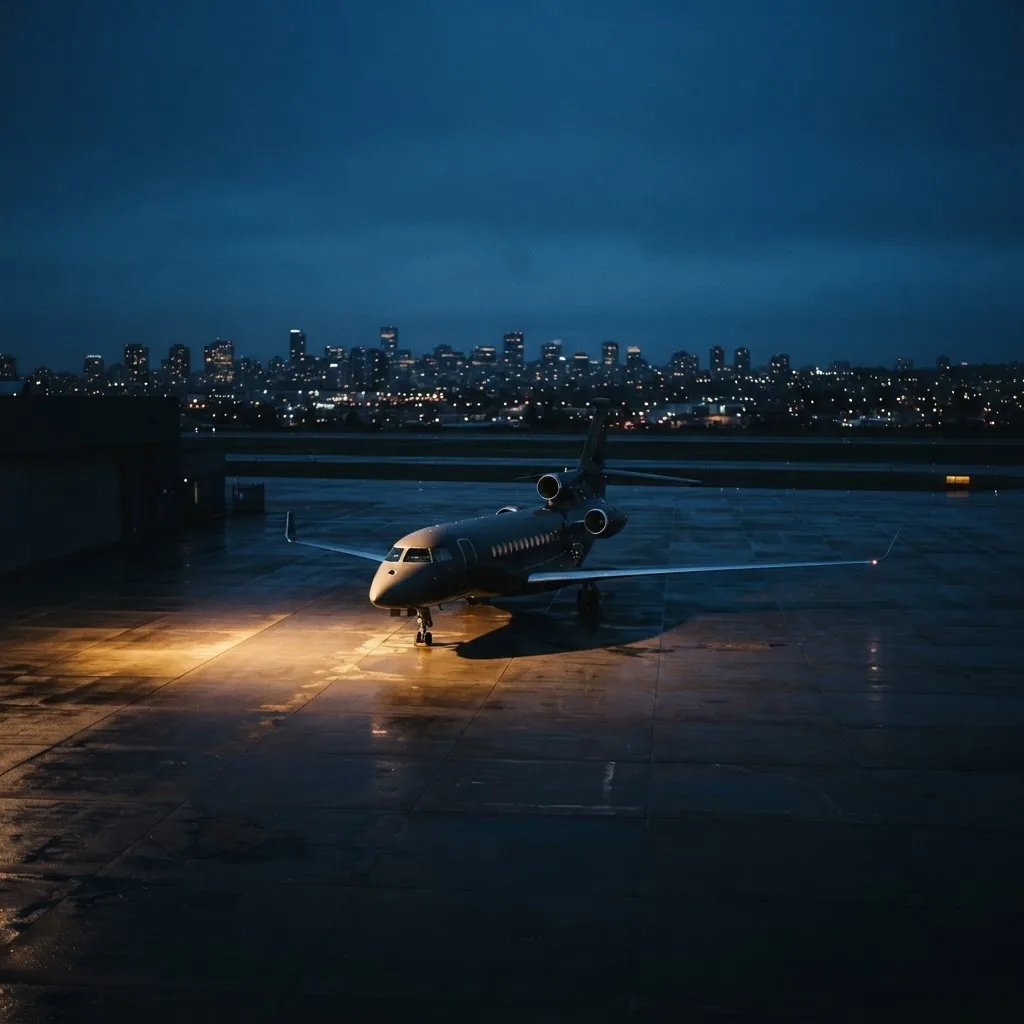An unbranded business jet at rest on a private terminal apron at blue hour, warm apron lights on wet tarmac with a distant city skyline