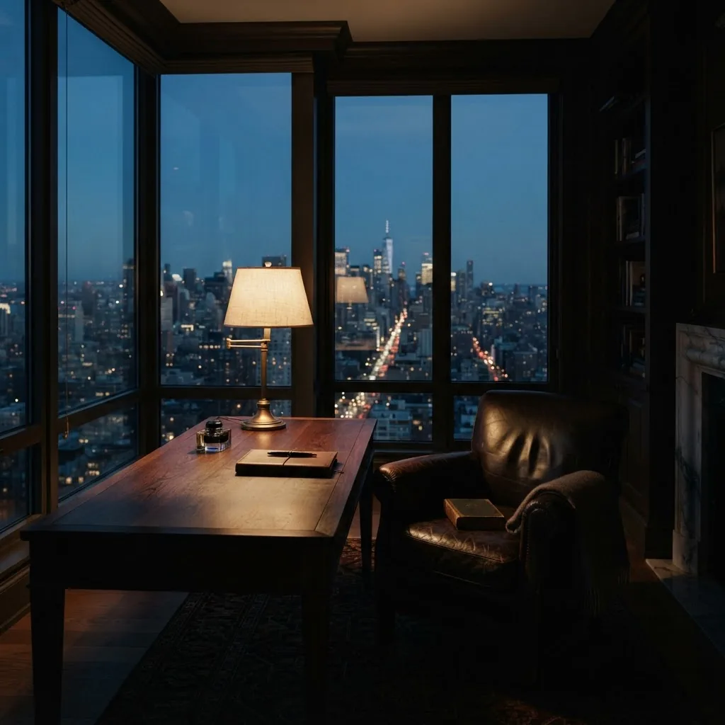 A private high-floor study at dusk lit by a single brass lamp, with a city skyline visible through floor-to-ceiling windows